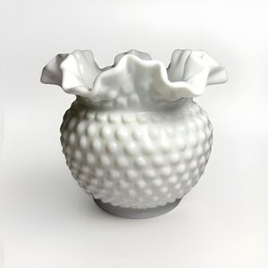Vintage Large Fenton Milk Glass Hobnail Vase Rose Bowl Ruffled Edge 5" Tall‎